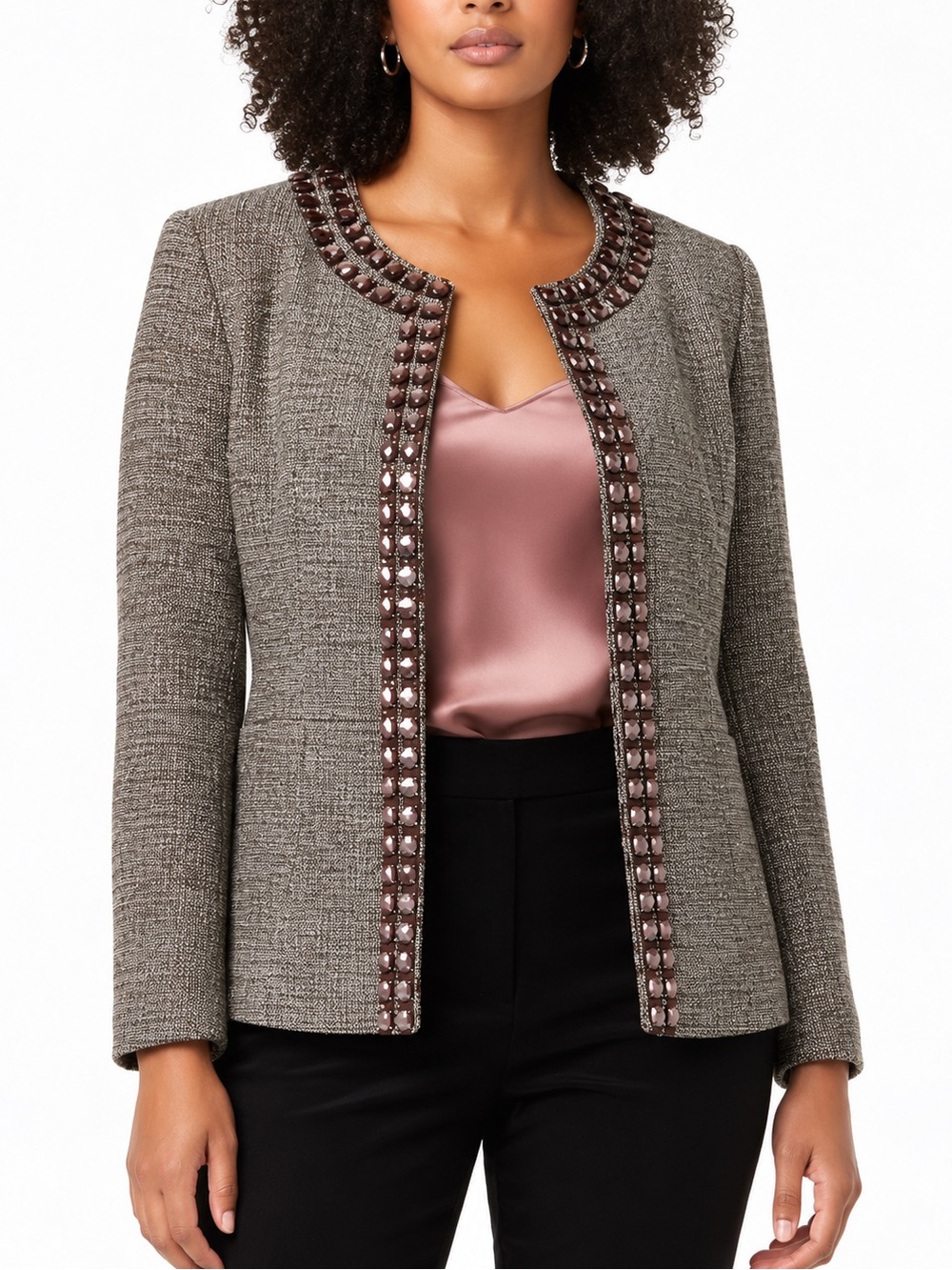 Dana Buchman Tweed Jacket 8 Brown Gray Embellished Collarless Blazer